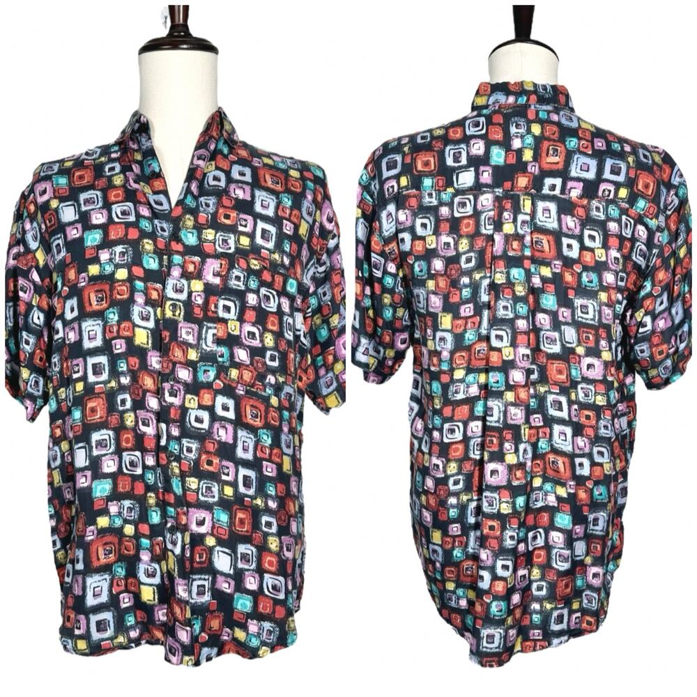 Silk House | Men | Vintage 100% Silk Abstract Print SS Button Up Shirt | Small